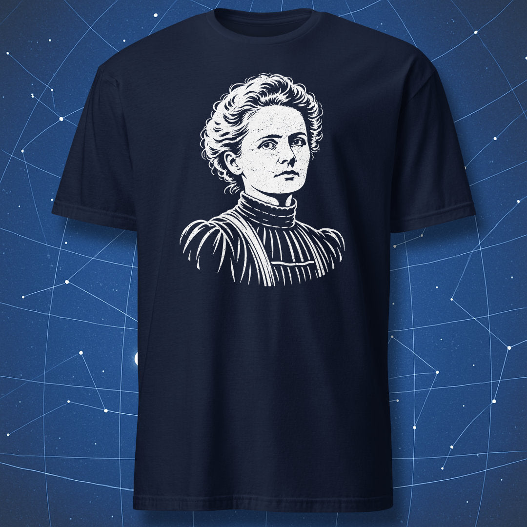 Navy Marie Curie T-shirt with a white engraving-style portrait of the scientist.