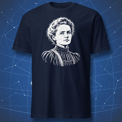 Navy Marie Curie T-shirt with a white engraving-style portrait of the scientist.
