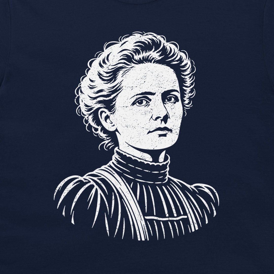 Close-up of the white Marie Curie portrait on a Navy T-shirt.