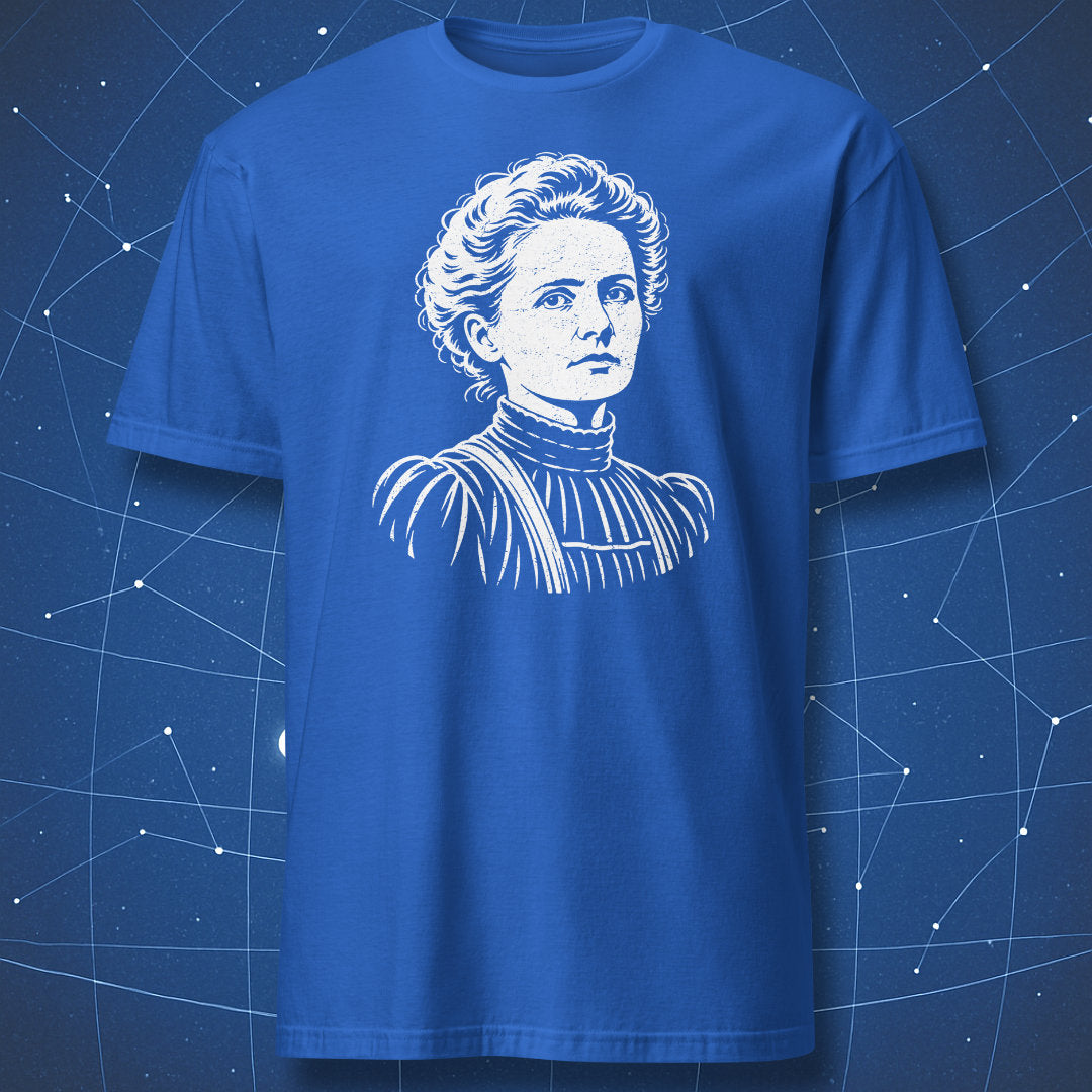 Royal Blue Marie Curie T-shirt with a white engraving-style portrait of the scientist.