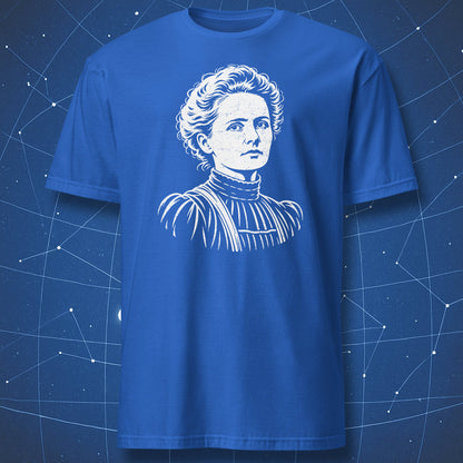 Royal Blue Marie Curie T-shirt with a white engraving-style portrait of the scientist.