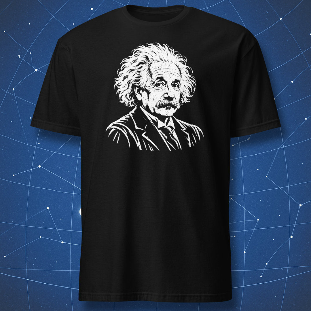 Black T-shirt with a white Albert Einstein portrait printed on the chest