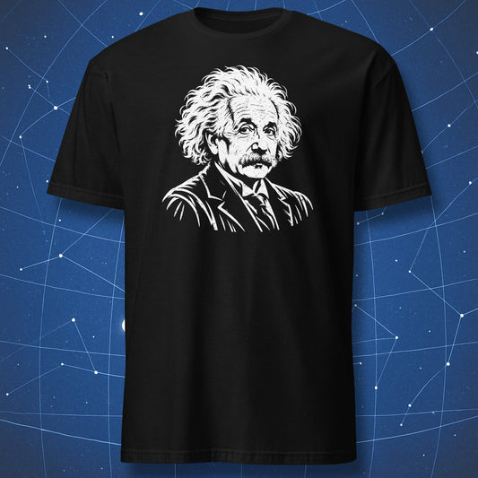 Black T-shirt with a white Albert Einstein portrait printed on the chest