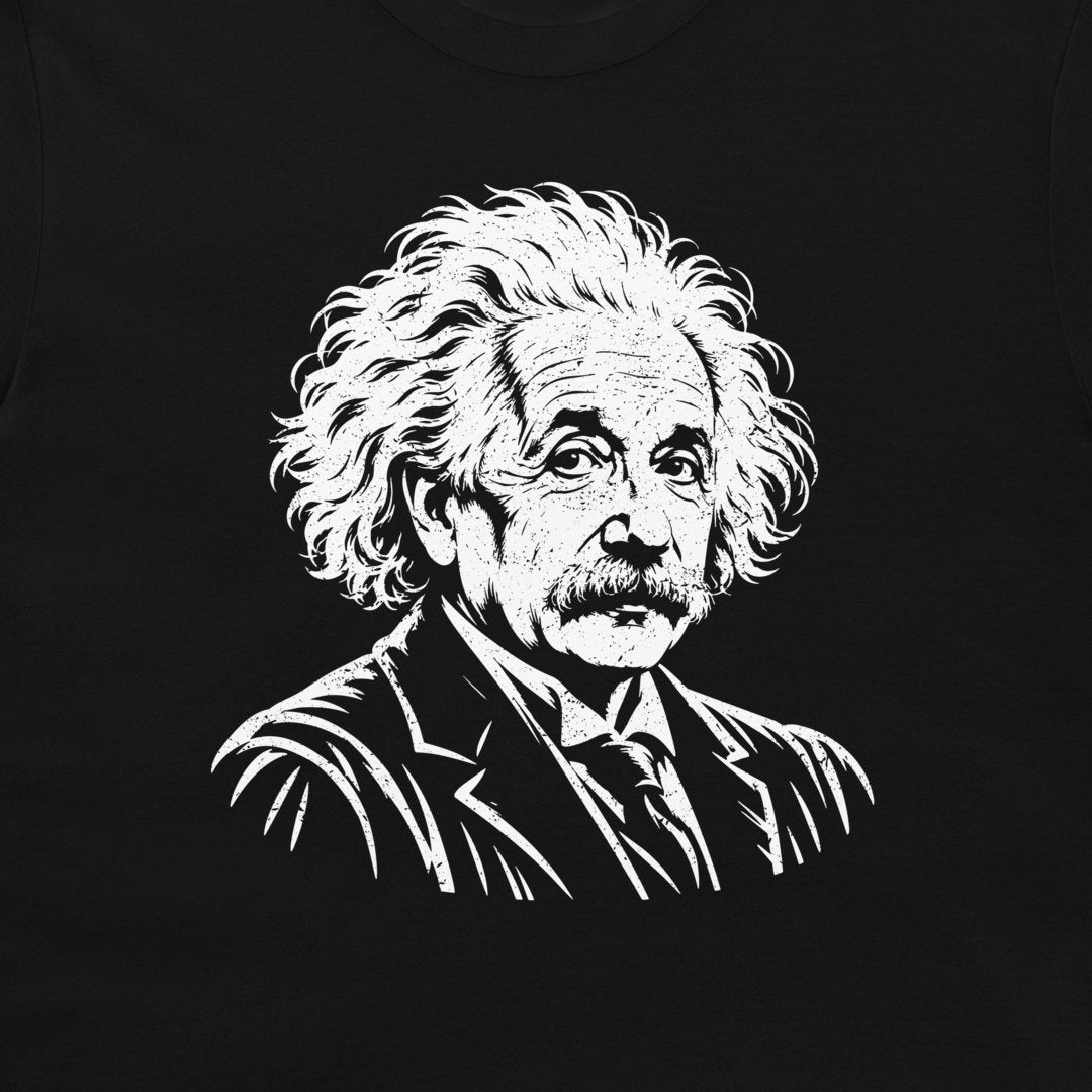 Close-up of the white Einstein portrait on a black T-shirt