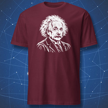 Maroon T-shirt with a white Albert Einstein portrait printed on the chest