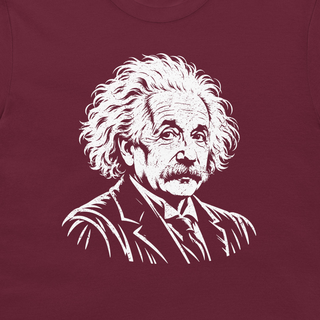 Close-up of the white Einstein portrait on a maroon T-shirt