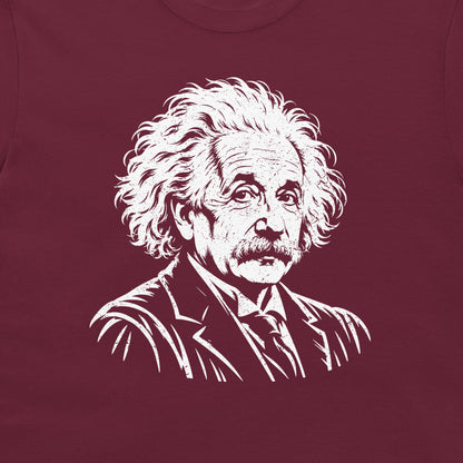 Close-up of the white Einstein portrait on a maroon T-shirt