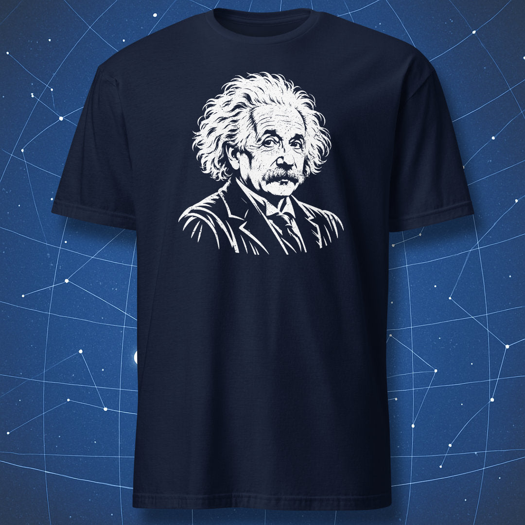 Navy T-shirt with a white Albert Einstein portrait printed on the chest