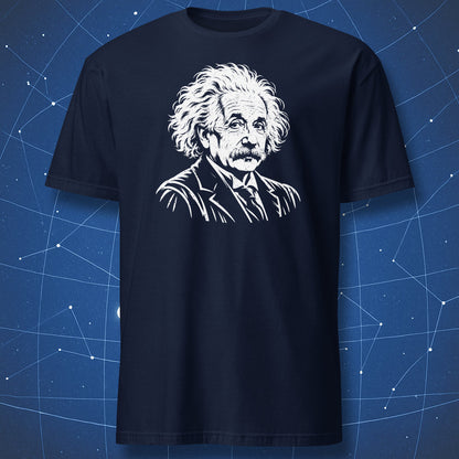 Navy T-shirt with a white Albert Einstein portrait printed on the chest