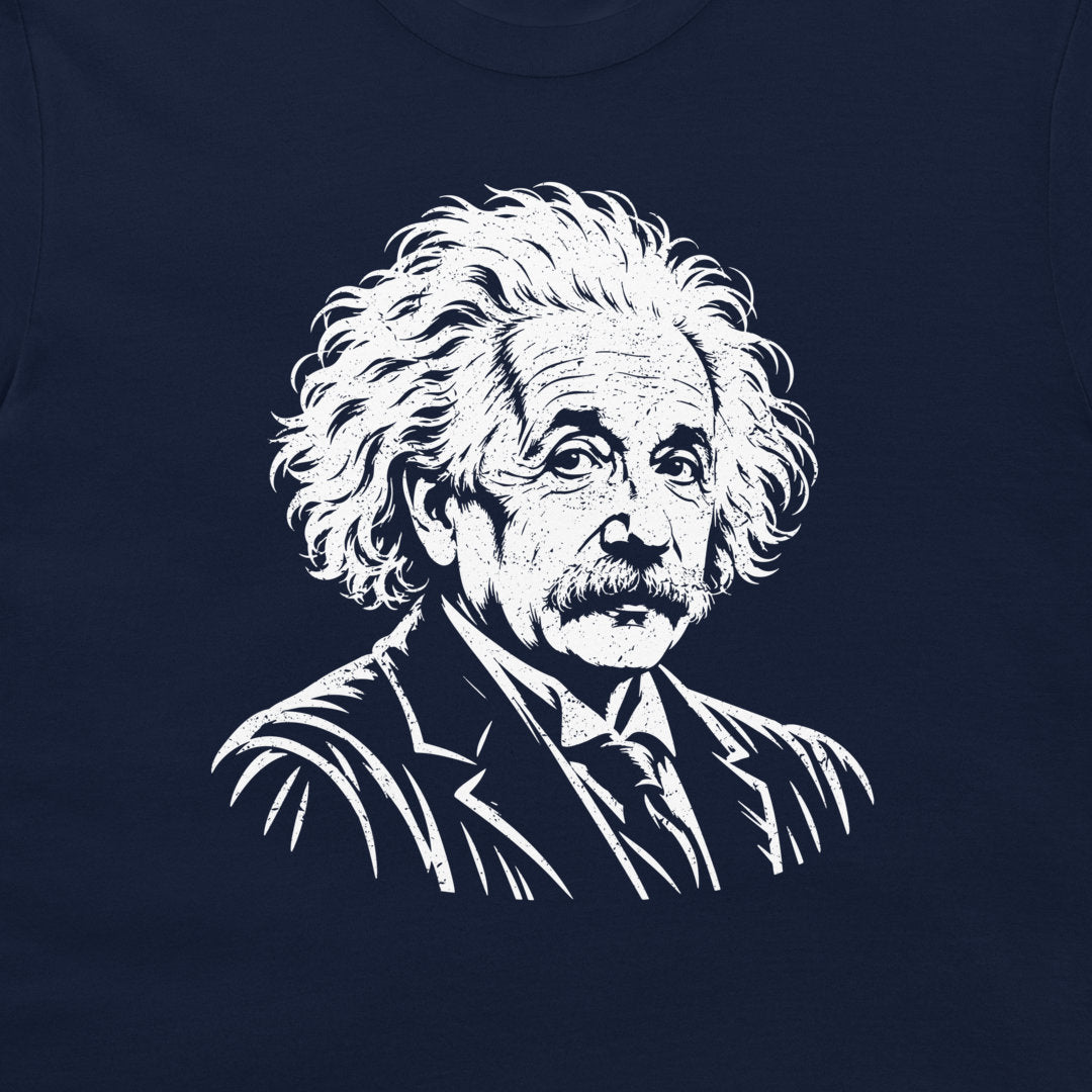 Close-up of the white Einstein portrait on a navy T-shirt