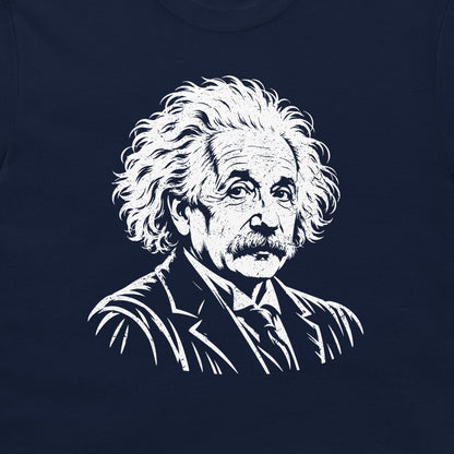 Close-up of the white Einstein portrait on a navy T-shirt