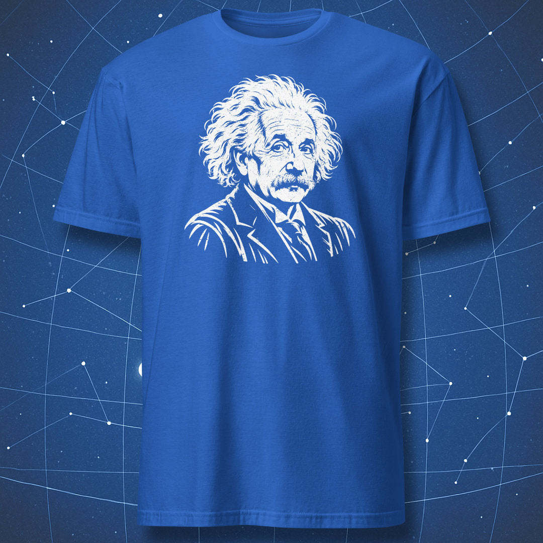 Royal blue T-shirt with a white Albert Einstein portrait printed on the chest