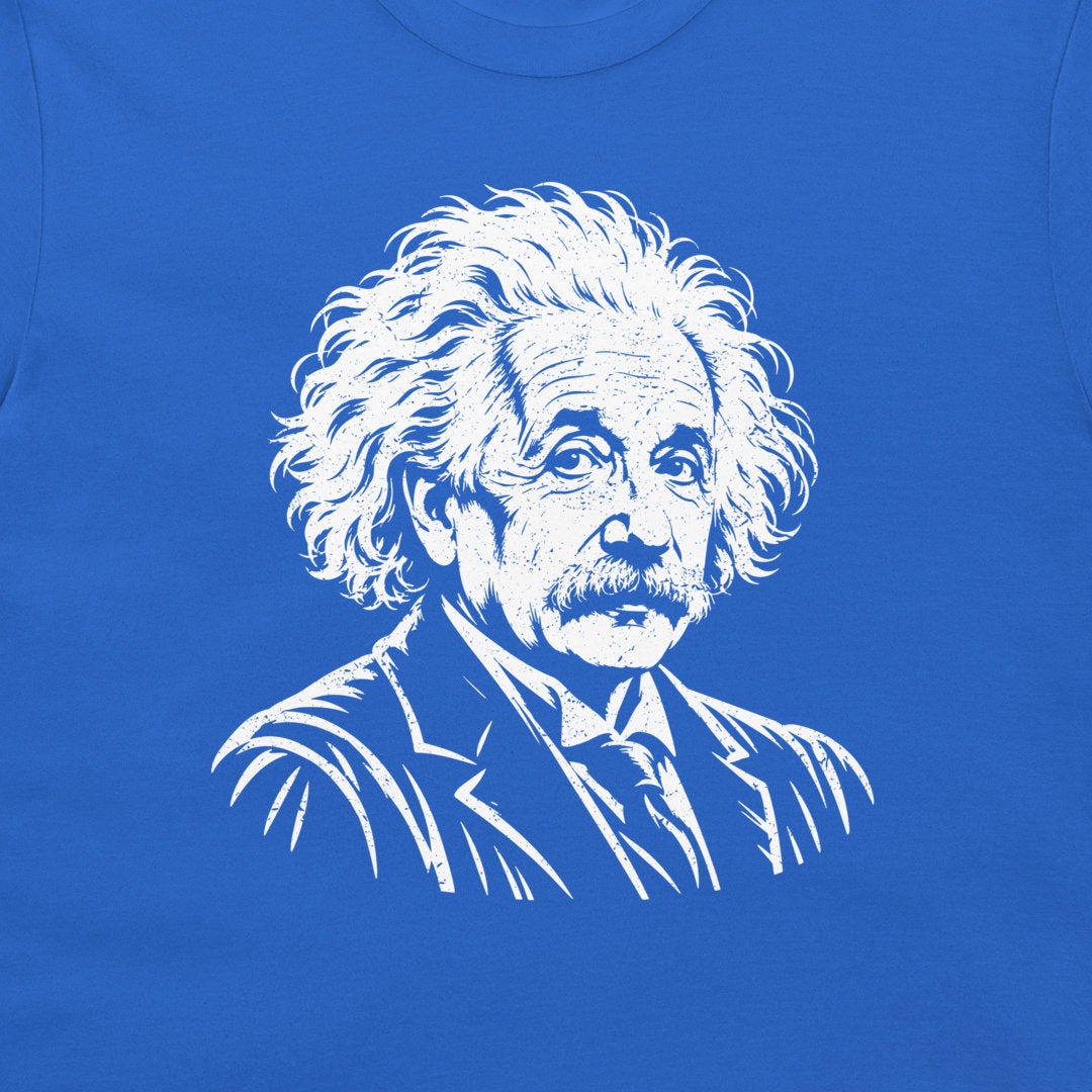 Close-up of the white Einstein portrait on a royal blue T-shirt