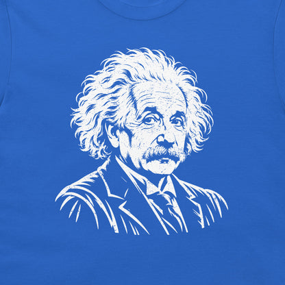 Close-up of the white Einstein portrait on a royal blue T-shirt