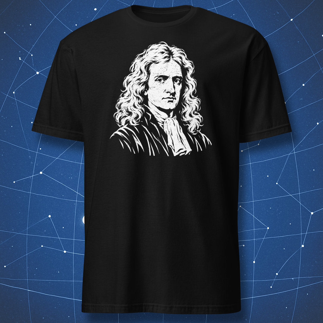 Black T-shirt with a white Isaac Newton portrait printed on the chest