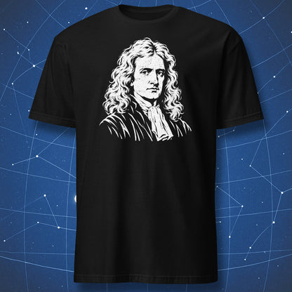 Black T-shirt with a white Isaac Newton portrait printed on the chest