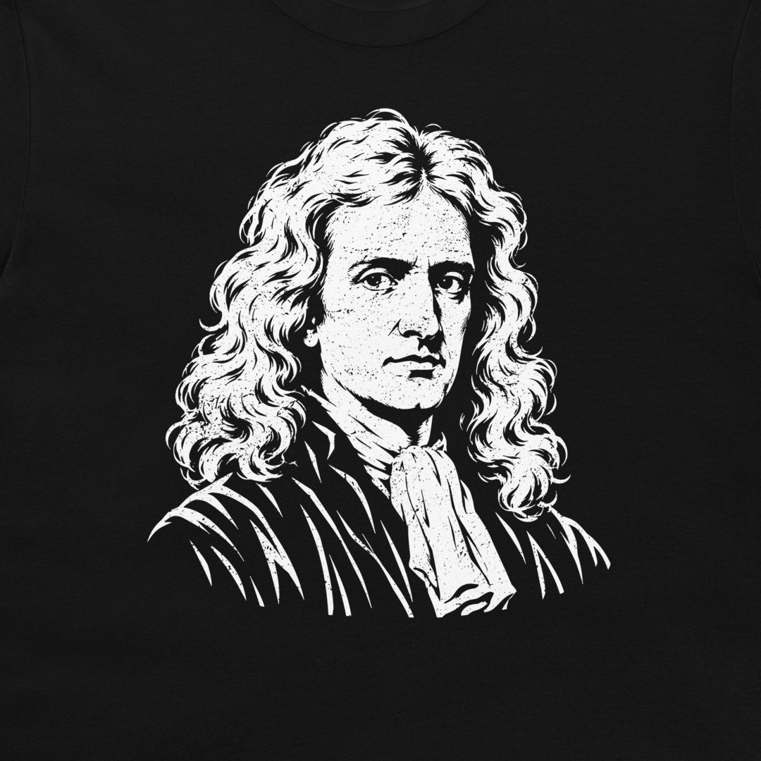 Close-up of the white Newton portrait on a black T-shirt
