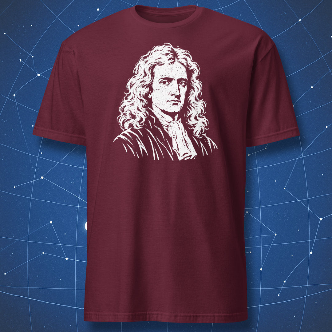 Maroon T-shirt with a white Isaac Newton portrait printed on the chest