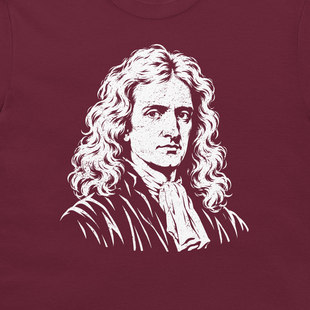 Close-up of the white Newton portrait on a maroon T-shirt