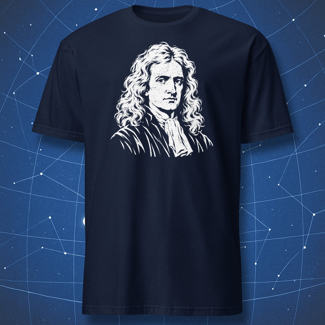 Navy T-shirt with a white Isaac Newton portrait printed on the chest