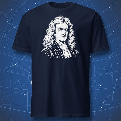 Navy T-shirt with a white Isaac Newton portrait printed on the chest