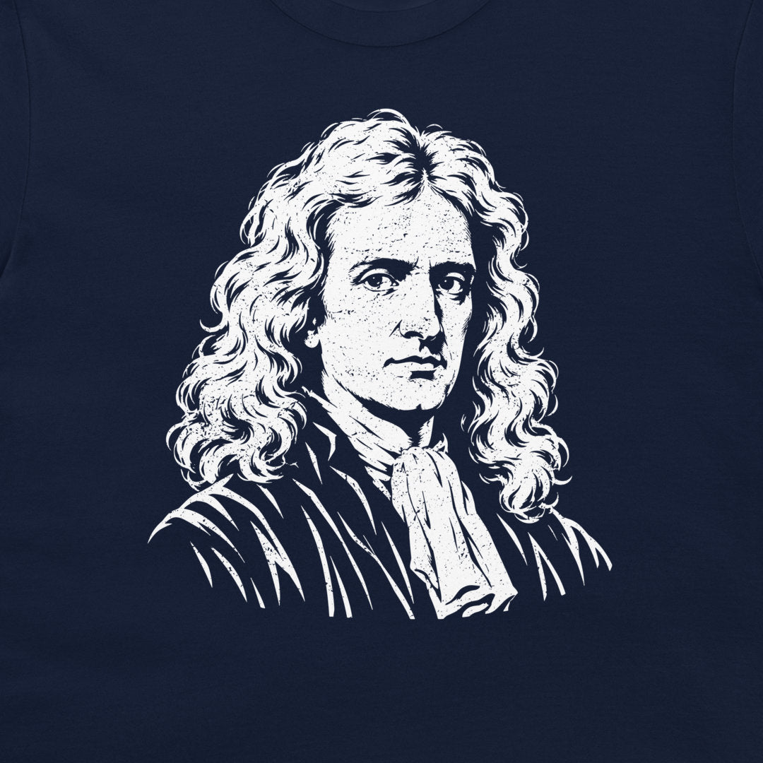 Close-up of the white Newton portrait on a navy T-shirt