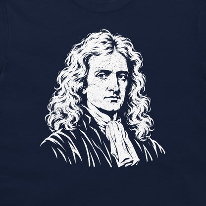 Close-up of the white Newton portrait on a navy T-shirt