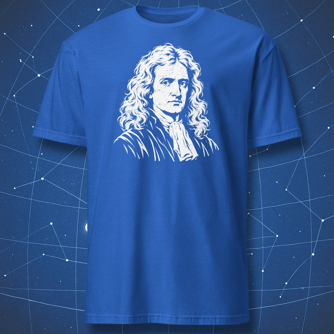 Royal blue T-shirt with a white Isaac Newton portrait printed on the chest