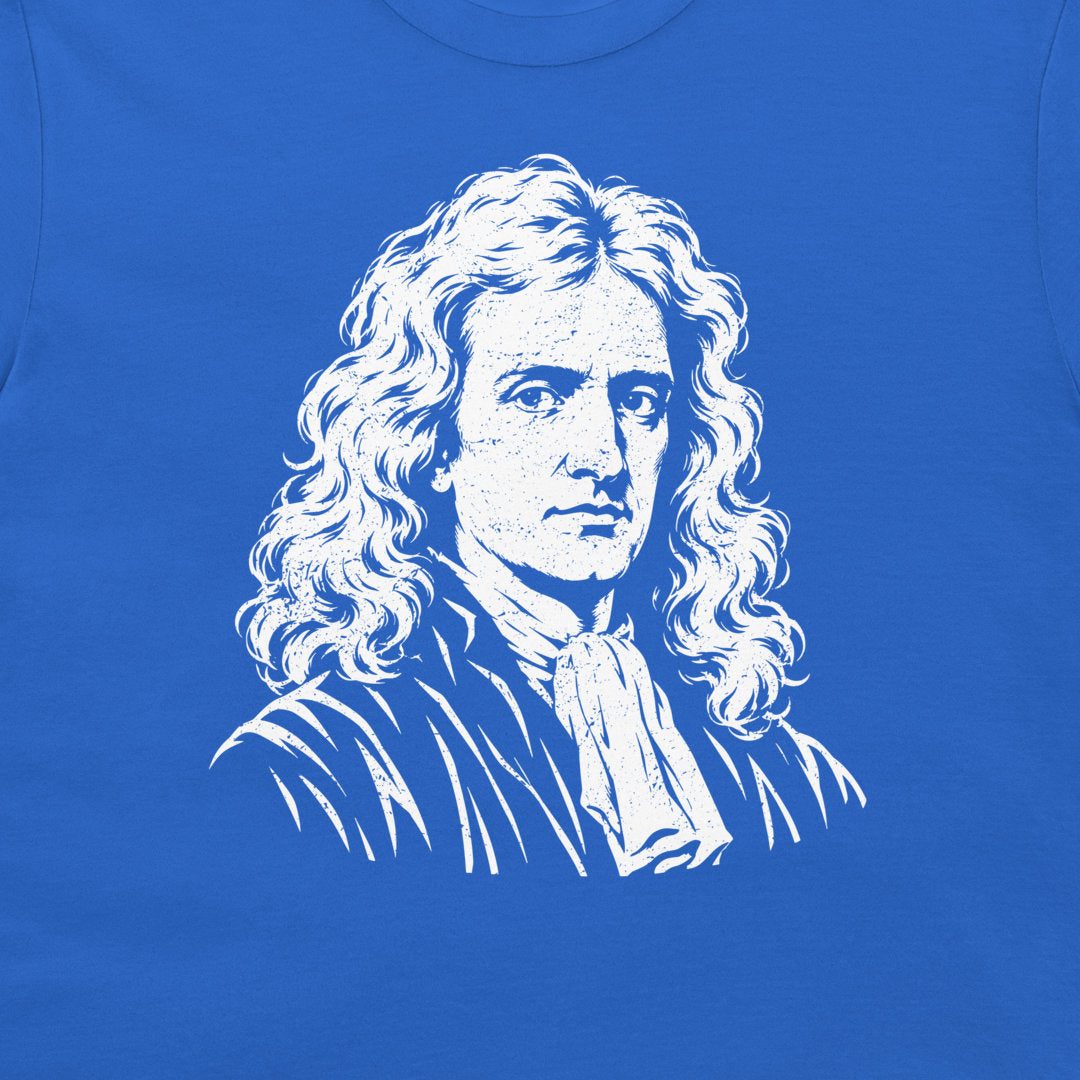 Close-up of the white Newton portrait on a royal blue T-shirt