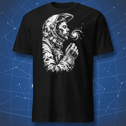 Black T-shirt with a white engraved astronaut blowing toward a spiral galaxy.