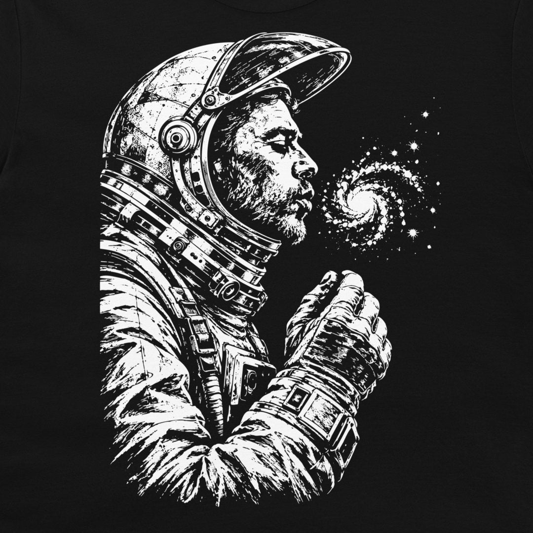 Close-up of the astronaut’s open helmet and scattered spiral galaxy design on a black T-shirt.