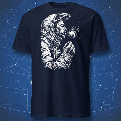 Navy T-shirt with a white astronaut blowing stars from a spiral galaxy.