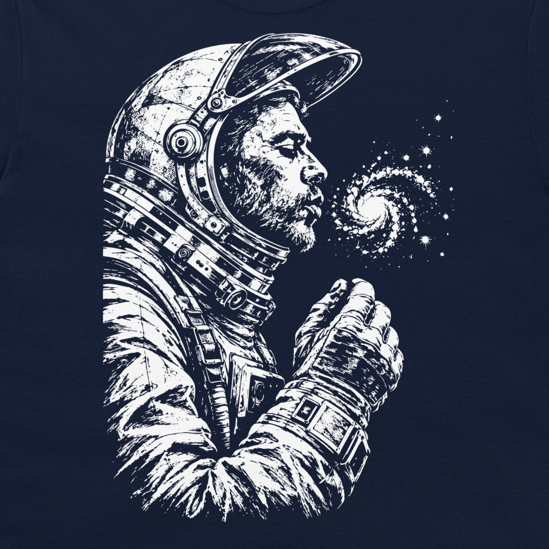 Close-up of a white engraved astronaut and spiral galaxy artwork on a navy T-shirt.