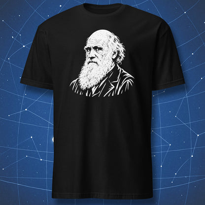 Black T-shirt with a white portrait of Charles Darwin on the chest