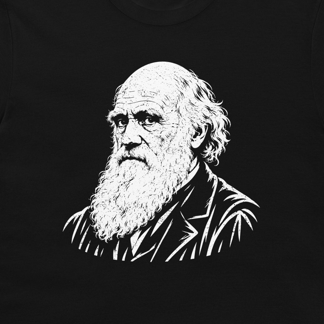 Close-up of Darwin’s white bearded portrait on a black T-shirt