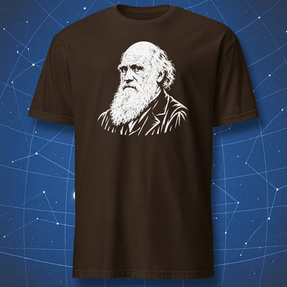 Dark chocolate T-shirt with a white portrait of Charles Darwin on the chest