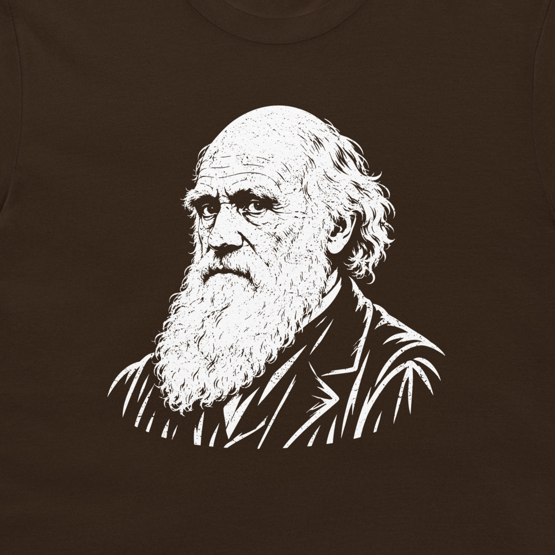 Close-up of Darwin’s white bearded portrait on a dark chocolate T-shirt