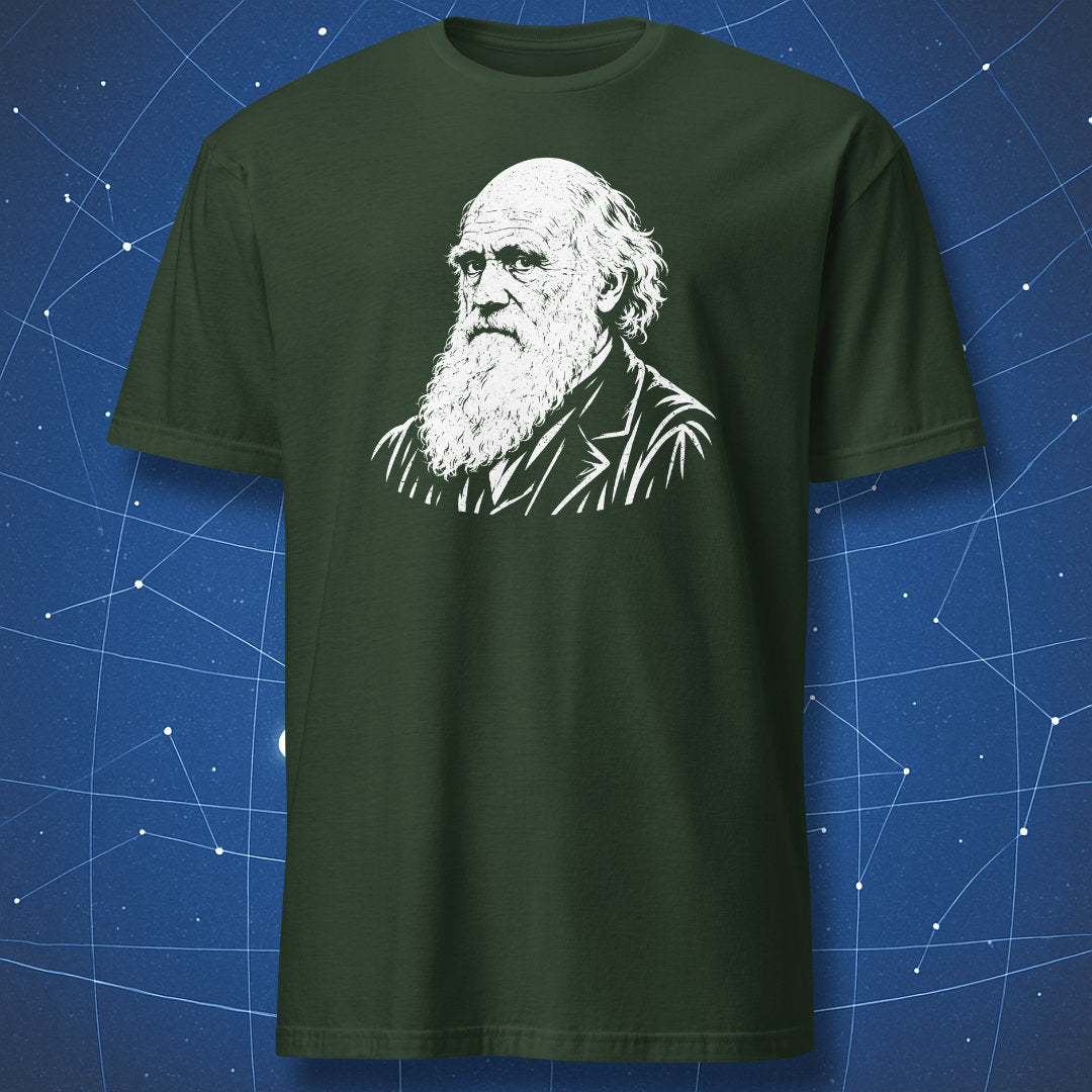 Close-up of Darwin’s white bearded portrait on a forest green T-shirt