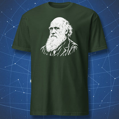 Close-up of Darwin’s white bearded portrait on a forest green T-shirt