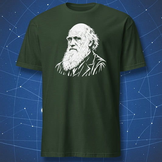 Close-up of Darwin’s white bearded portrait on a forest green T-shirt