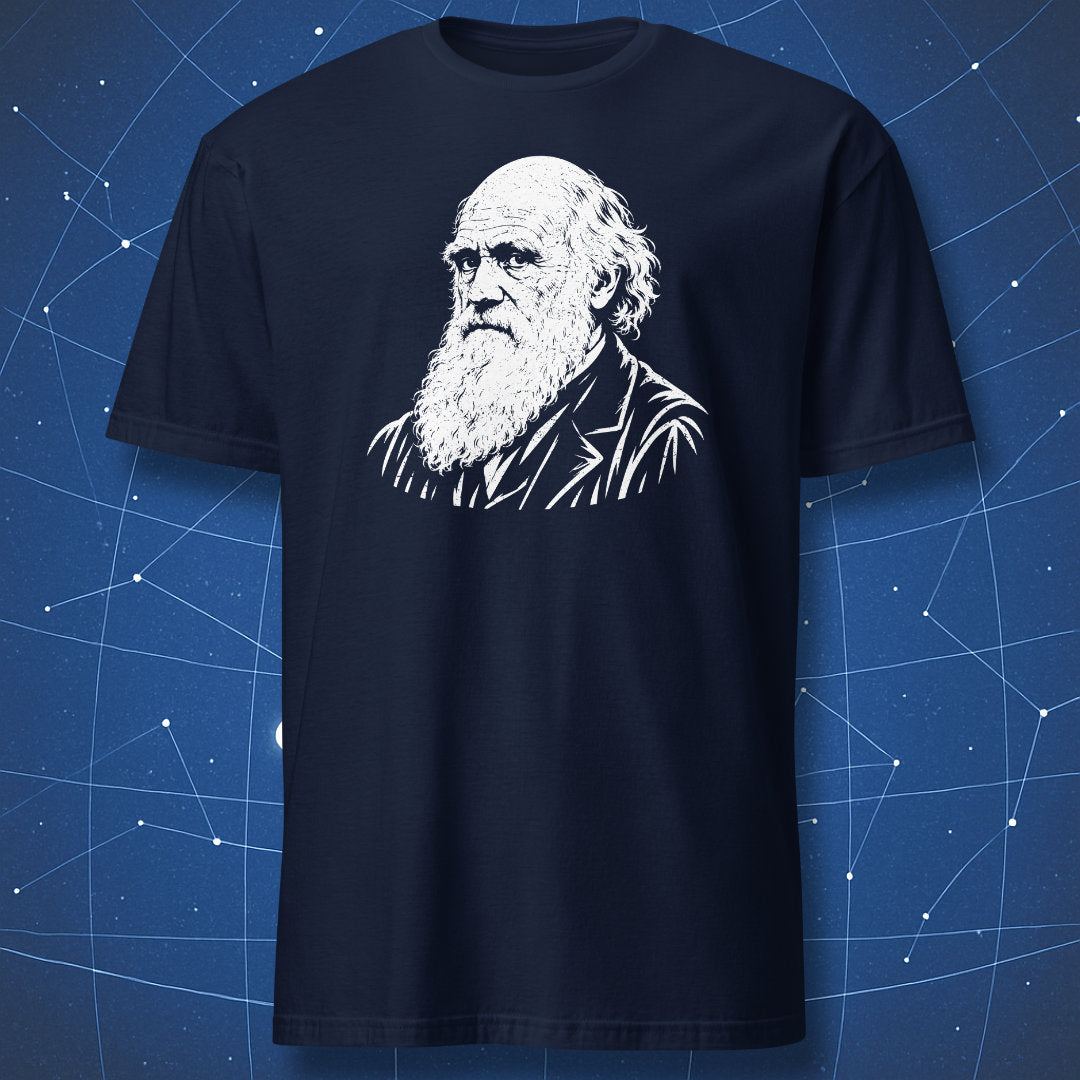 Navy T-shirt with a white portrait of Charles Darwin on the chest