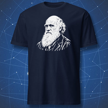 Navy T-shirt with a white portrait of Charles Darwin on the chest