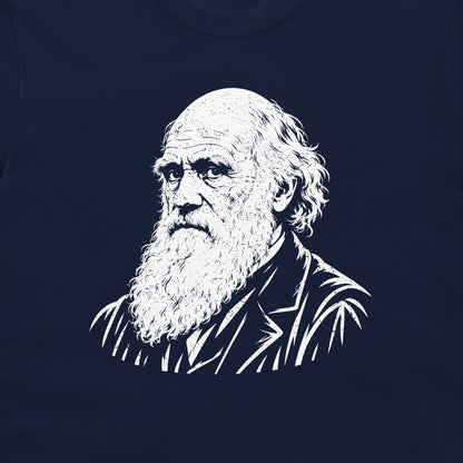 Close-up of Darwin’s white bearded portrait on a navy T-shirt