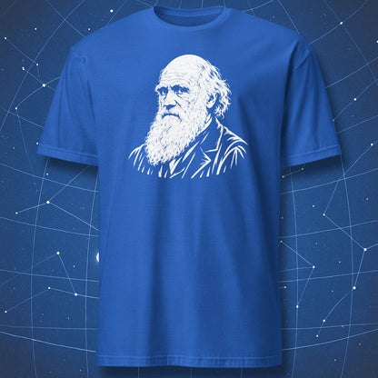 Royal blue T-shirt with a white portrait of Charles Darwin on the chest