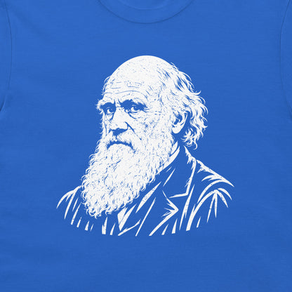 Close-up of Darwin’s white bearded portrait on a royal blue T-shirt