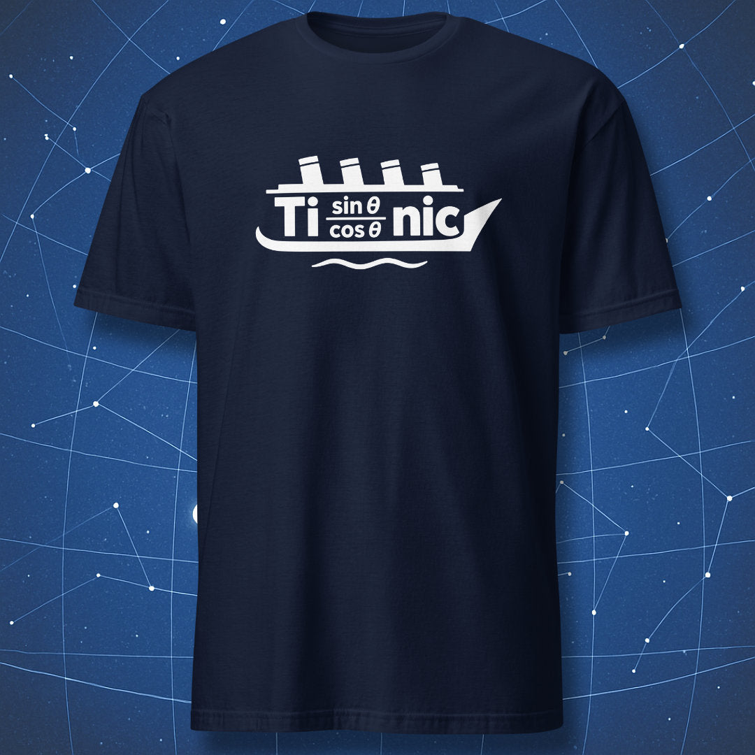 Navy T-shirt with a white Titanic ship design using Ti, sin θ over cos θ, and nic.