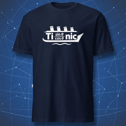 Navy T-shirt with a white Titanic ship design using Ti, sin θ over cos θ, and nic.