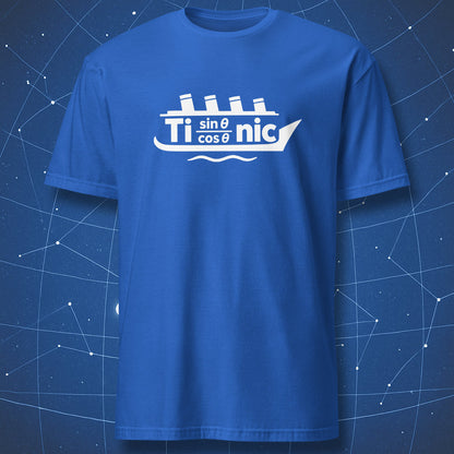 Royal blue T-shirt with a white Titanic ship design using Ti, sin θ over cos θ, and nic.