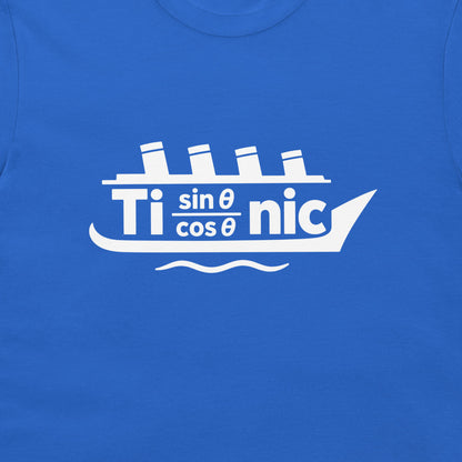 White Titanic math pun ship graphic with four funnels, shown close-up on a royal blue T-shirt.