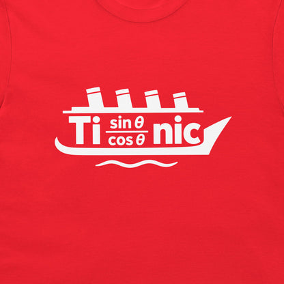 White Titanic math pun ship graphic with four funnels, shown close-up on a red T-shirt.